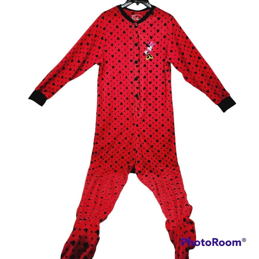 * Disney medium footed pajama red Mackey mouse fleece one peice button front